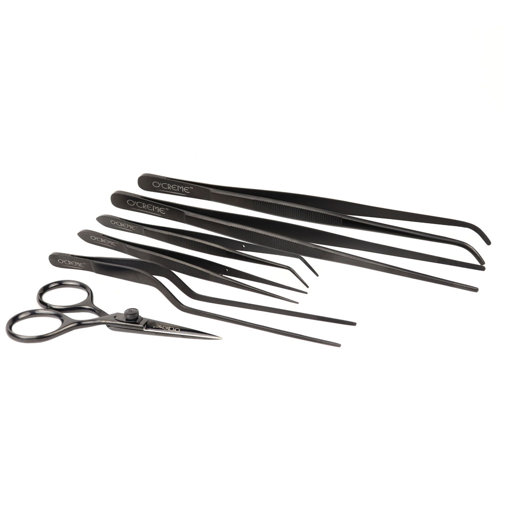 O'Creme Black Stainless Steel Tweezers & Scissors, Set of 6 