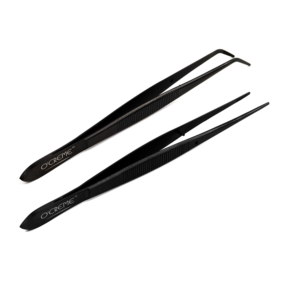 O'Creme Black Stainless Steel Tweezers, Set of 2