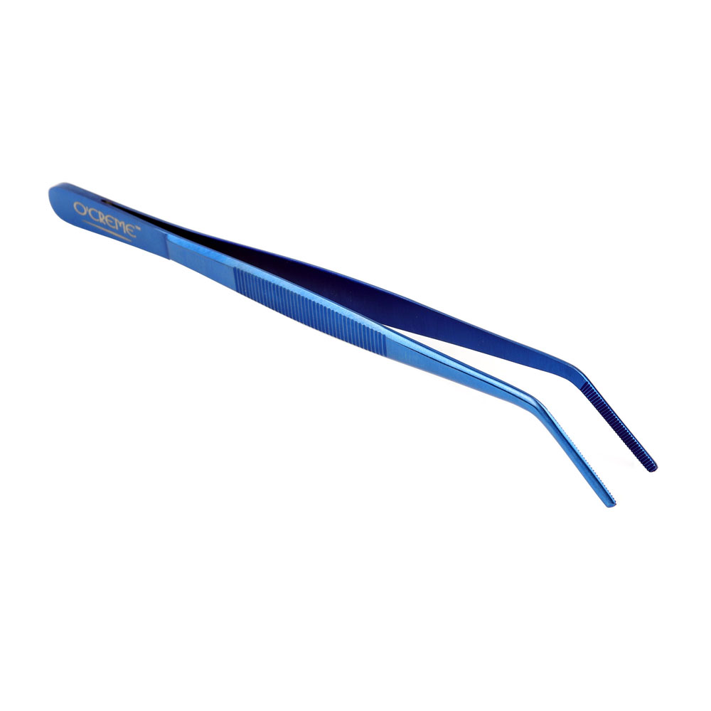 O'Creme Blue Stainless Steel Curved Tip Tweezers, 8" 