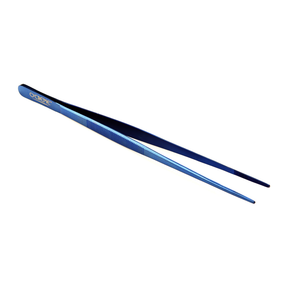 O'Creme Blue Stainless Steel Straight Tip Tweezers, 8" 