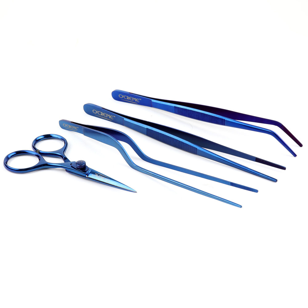 O'Creme Blue Stainless Steel Tweezers, Set of 4 