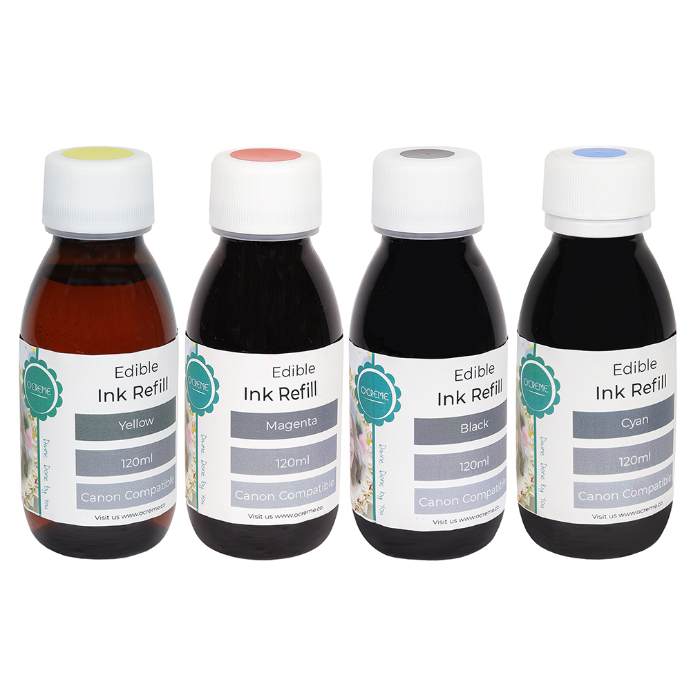 O'Creme Edible Ink Cartridge Refill Set, 120cc 4pc. Black, Magenta, Cyan- (Blue), Yellow