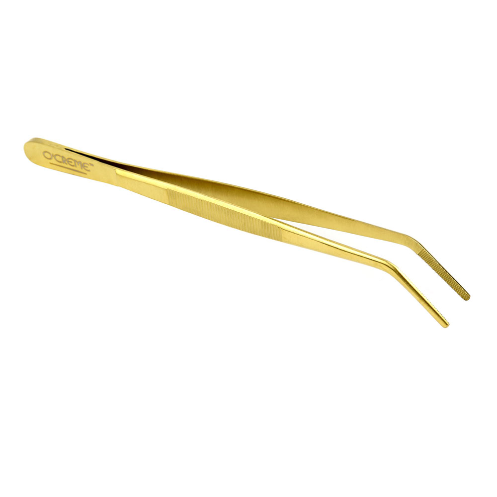 O'Creme Gold Stainless Steel Curved Tip Tweezers, 8" 