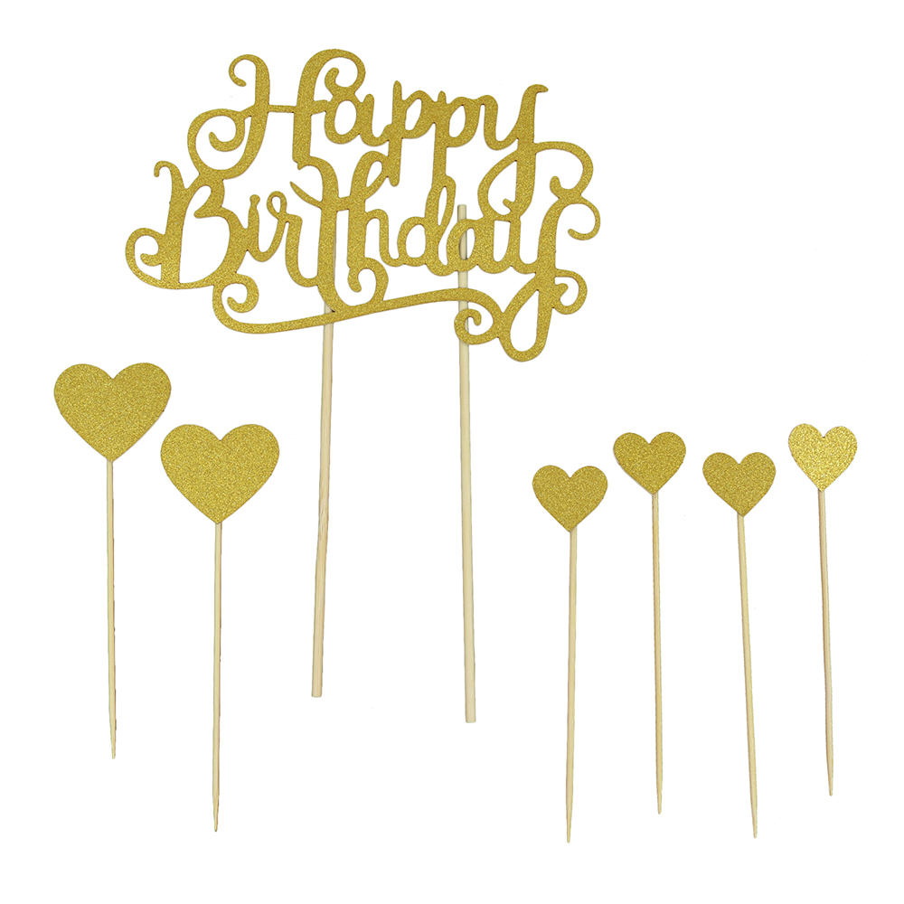 O'Creme 'Happy Birthday' and Hearts Cake Toppers, Set of 7