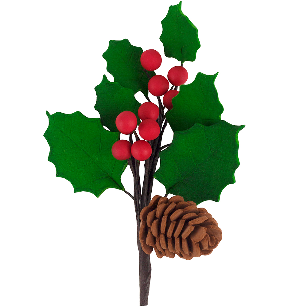 O'Creme Holly Spray with Pine Cone Gumpaste Flower Spray