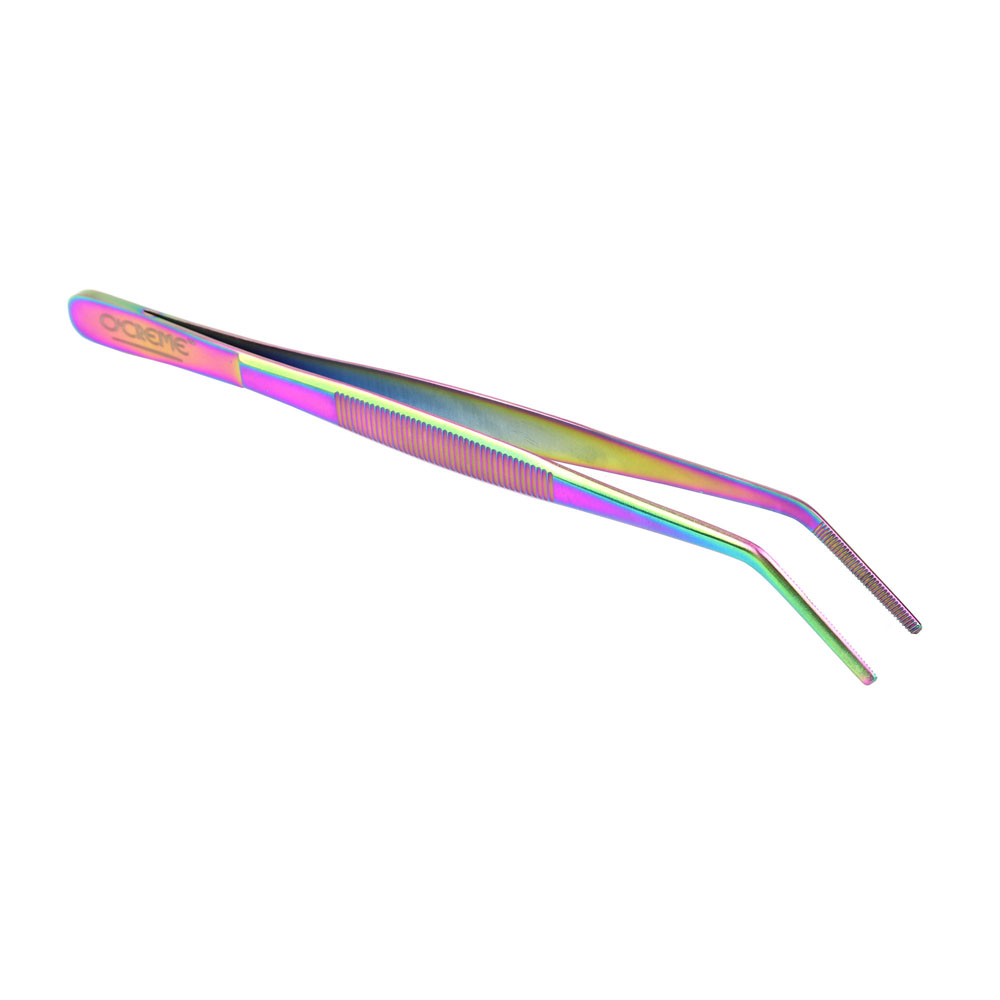 O'Creme Oil Slick Stainless Steel Curved Tip Tweezers, 8"