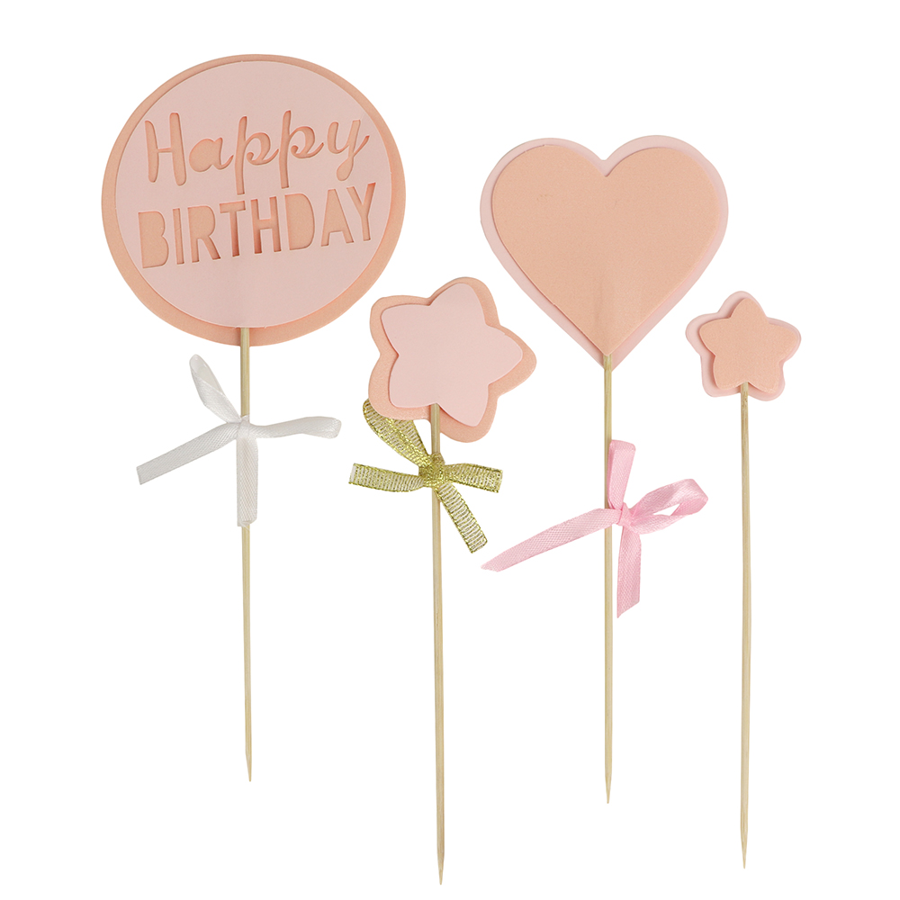 O'Creme Pink 'Happy Birthday' Cake Topper, Set of 4