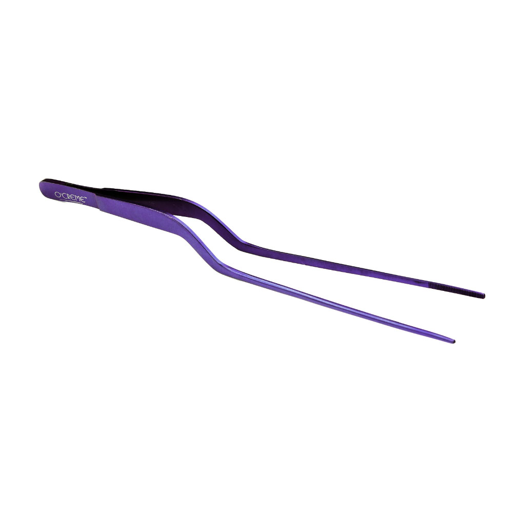 O'Creme Purple Stainless Steel Fine Tip Offset Tweezers, 8" 