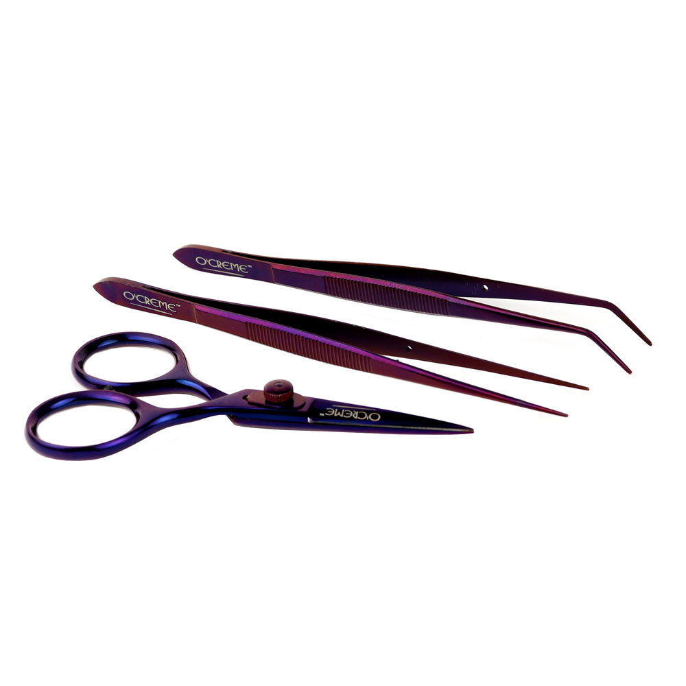 O'Creme Purple Stainless Steel Tweezers & Scissors, Set of 3 