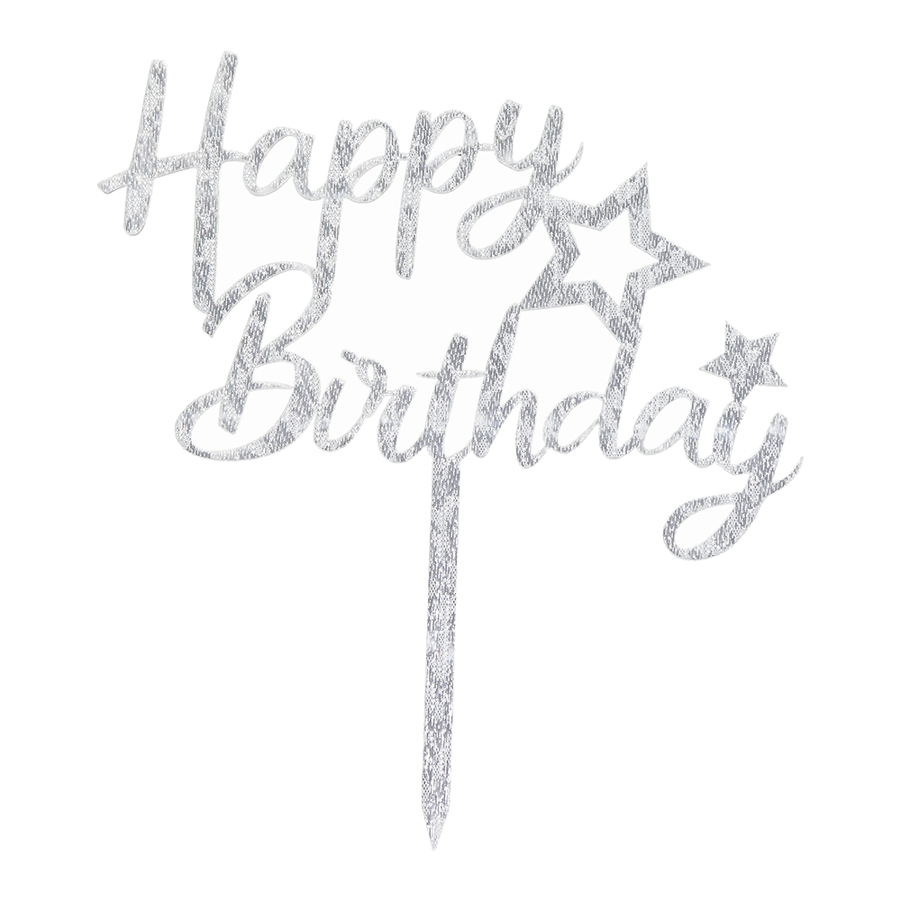 O'Creme Silver 'Happy Birthday' with Stars Cake Topper