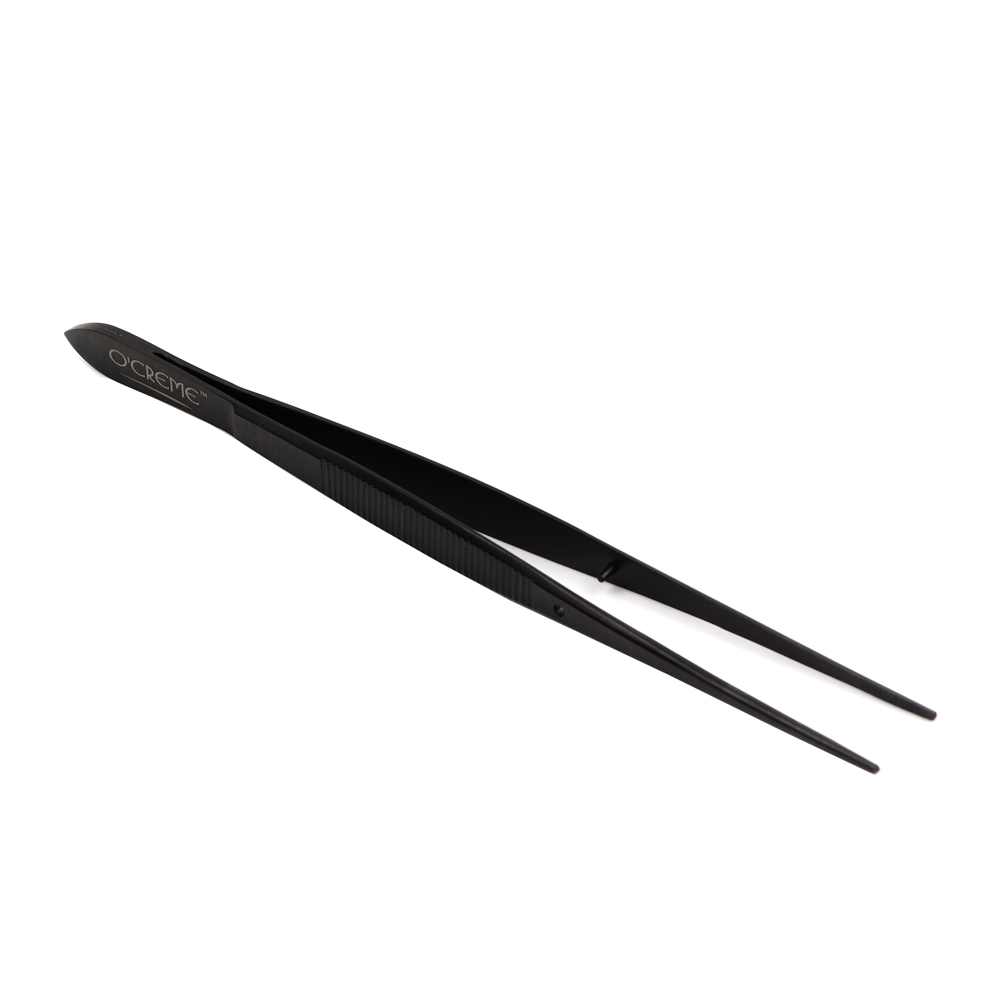 O'Creme Stainless Steel Black Straight Fine Tip Tweezers, 6.25" 