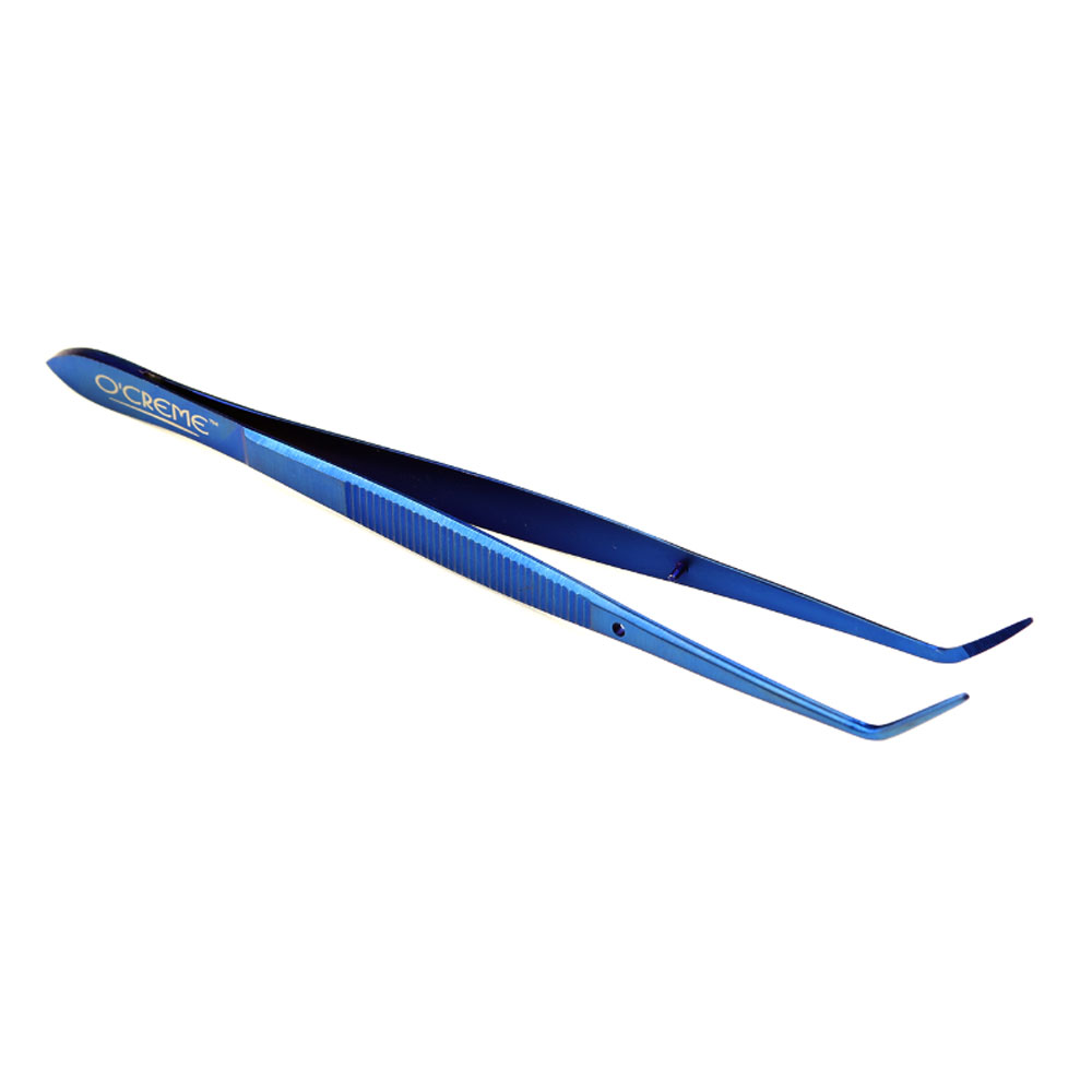 O'Creme Stainless Steel Blue Curved Fine Tip Tweezers, 6.25" 
