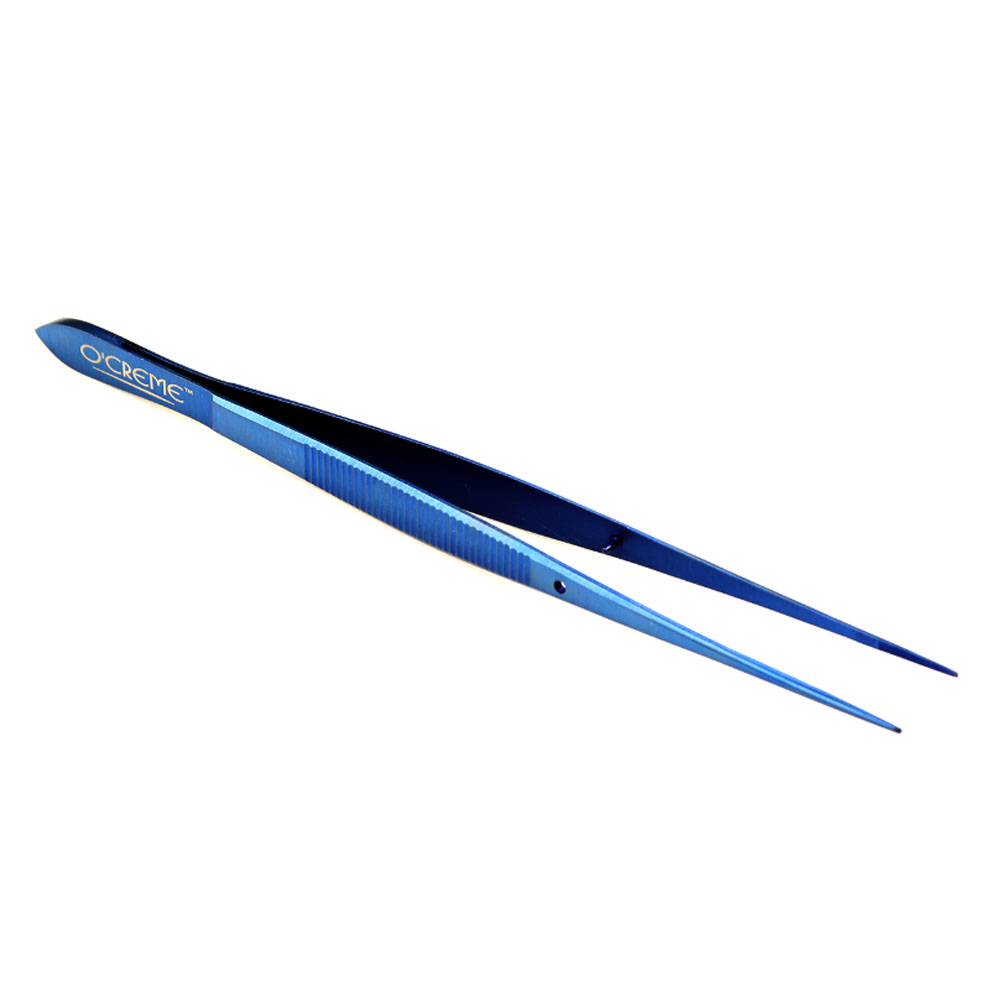 O'Creme Stainless Steel Blue Straight Fine Tip Tweezers, 6.25" 