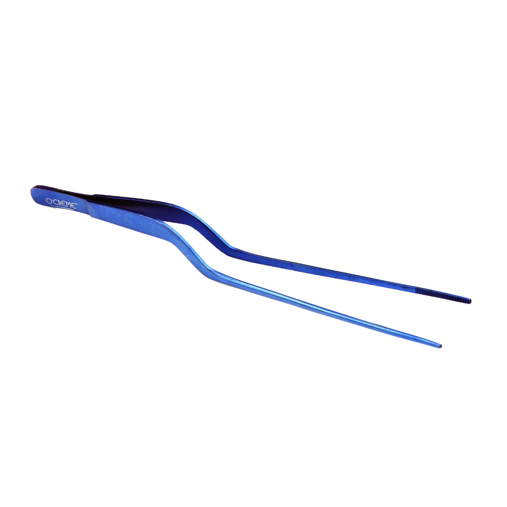 O'Creme Blue Stainless Steel Fine Tip Offset Tweezers, 8" 