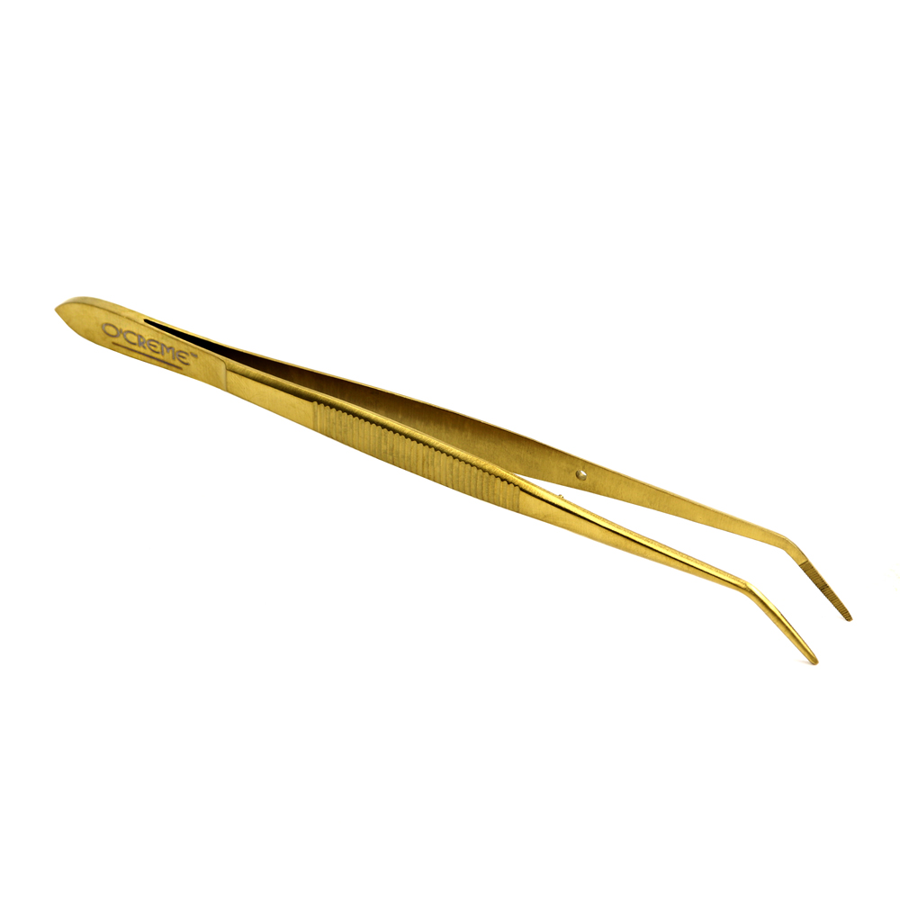 O'Creme Stainless Steel Gold Curved Fine Tip Tweezers, 6.25" 