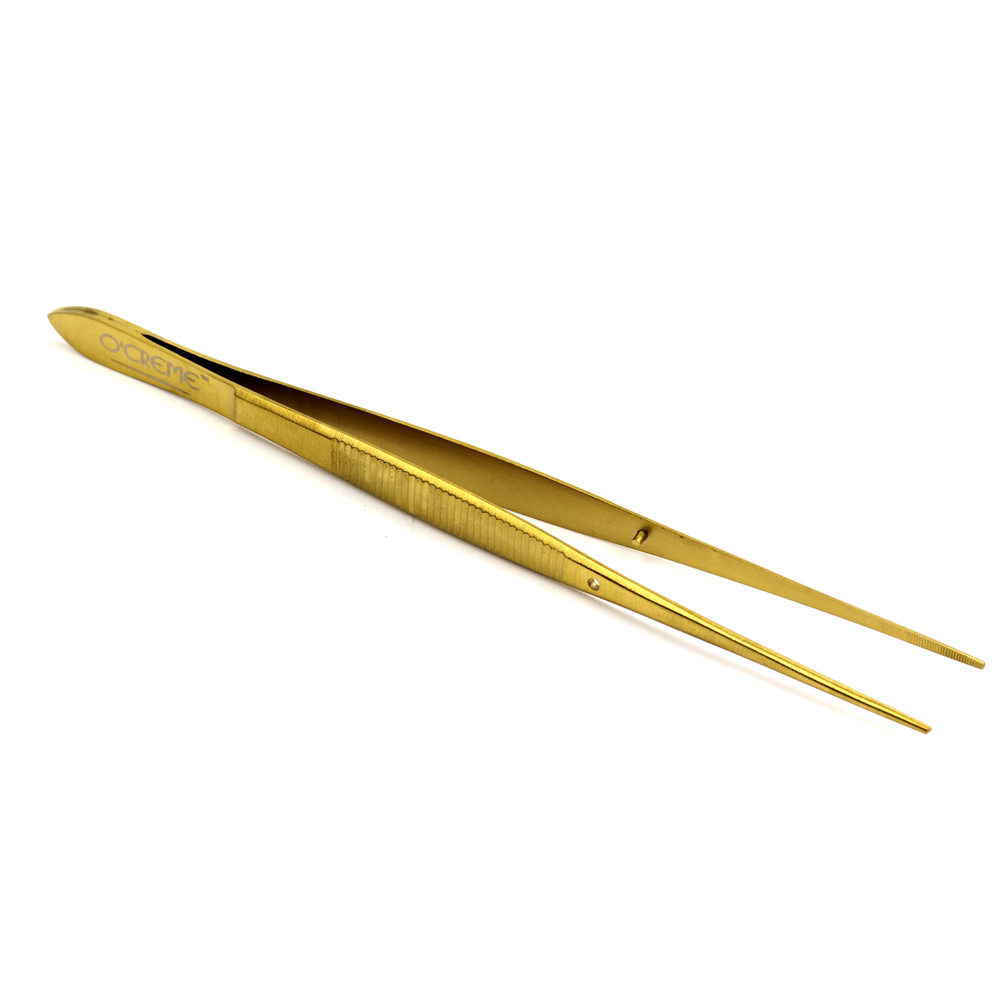 O'Creme Stainless Steel Gold Straight Fine Tip Tweezers, 6.25" 
