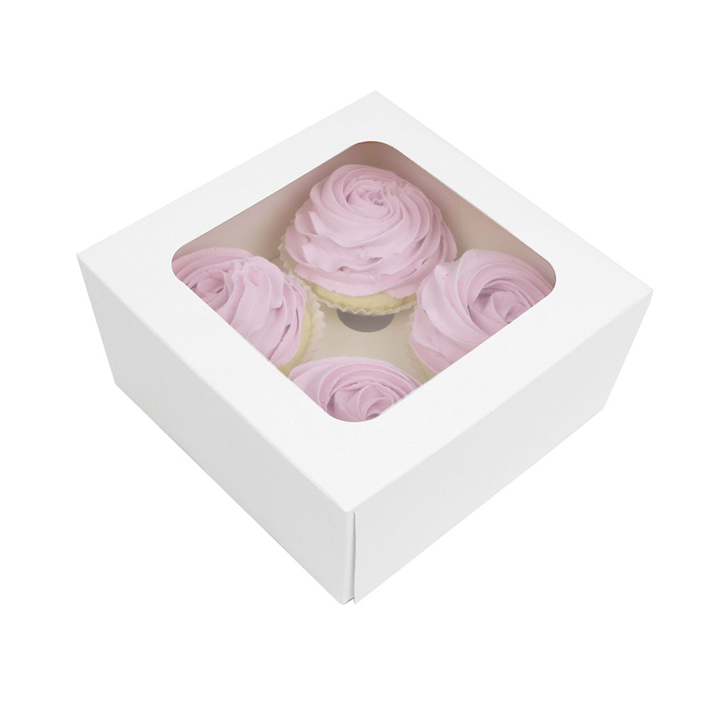 O'Creme White Cupcake Box with Window and Insert, 7" x 7" x 4", Pack of 5