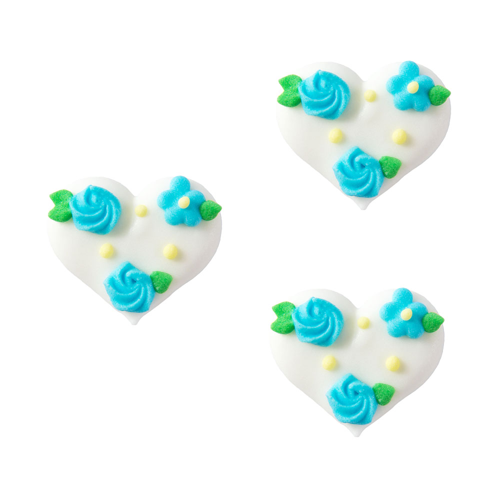 O'Creme White Heart with Blue Flowers Royal Icing Decoration, Set of 12