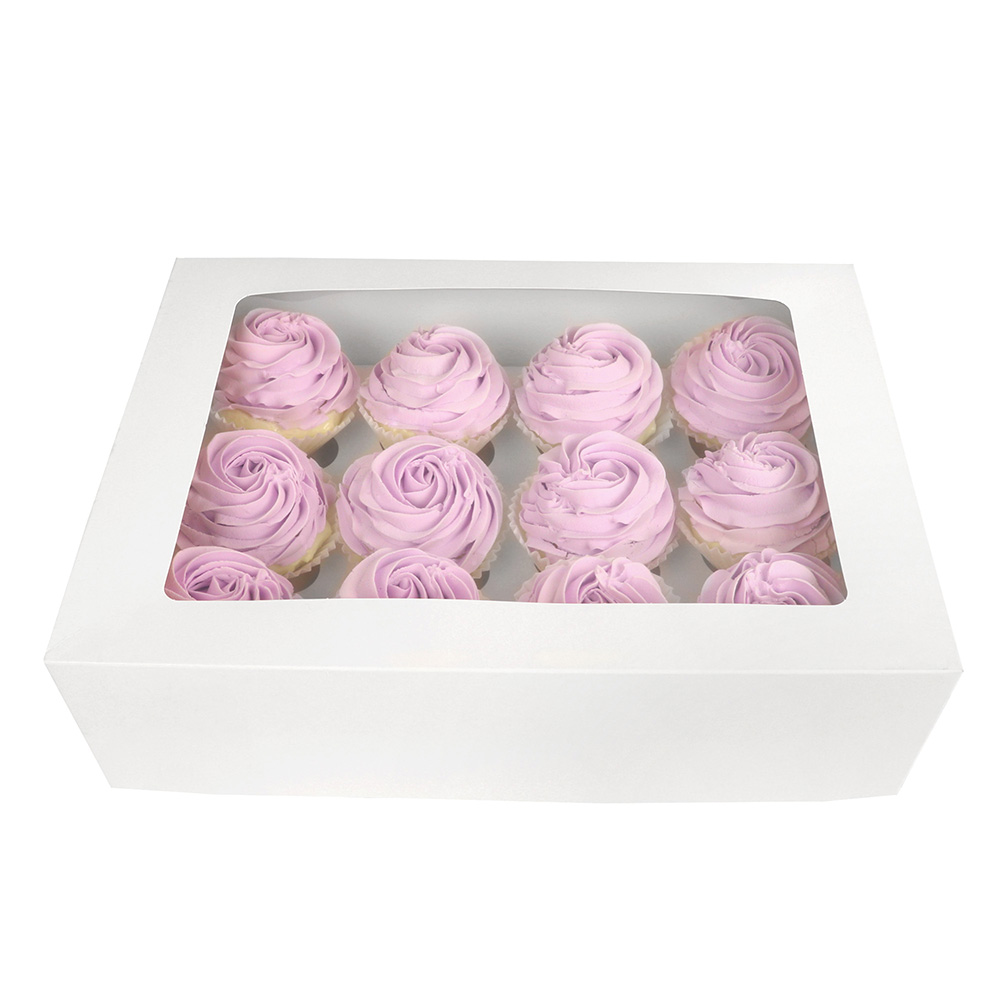 O'Creme White Window Cake Box with Cupcake Insert, 14" x 10" x 4" - Pack of 5