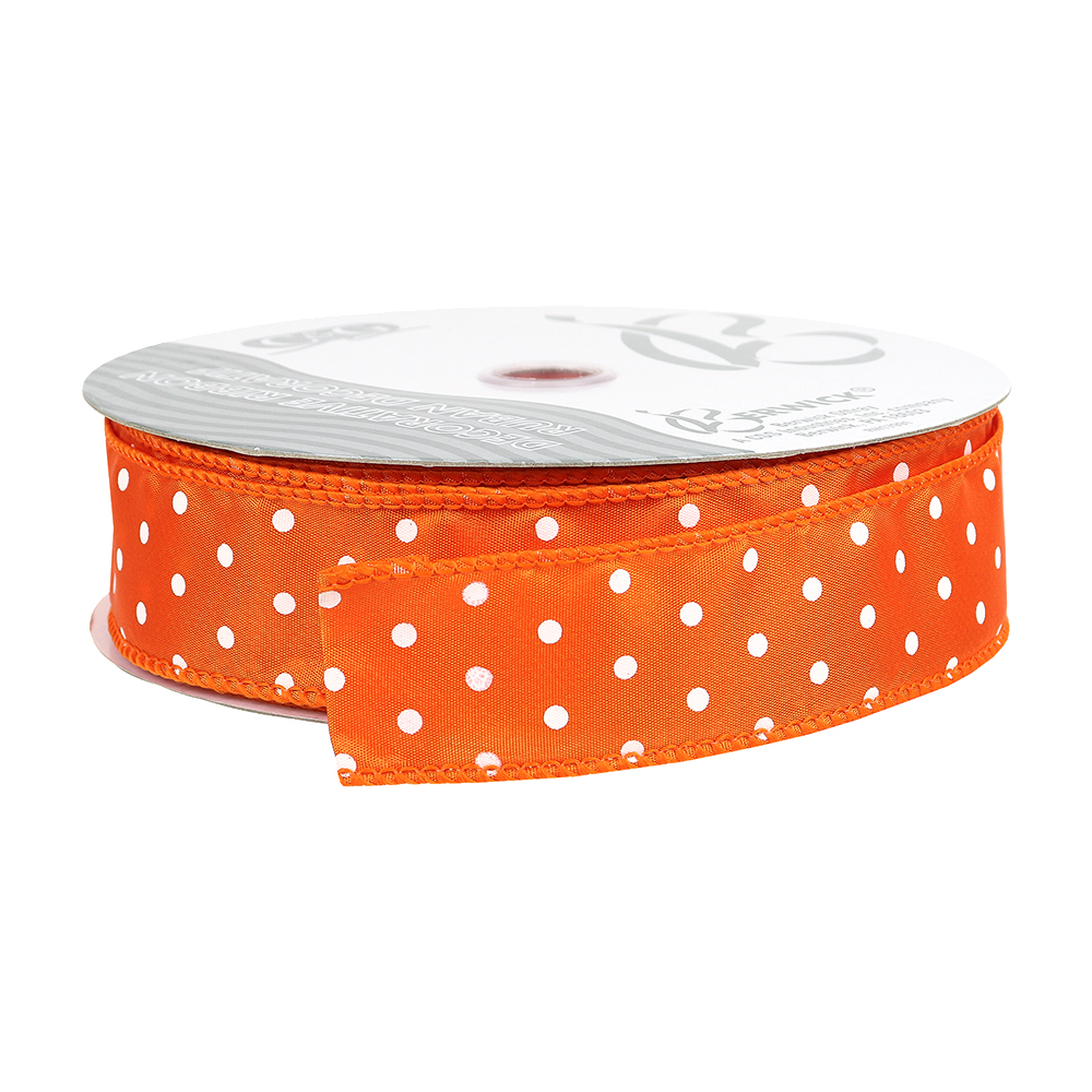 Orange with White Dots Wired Ribbon, 1-1/2" Wide, 50 Yards