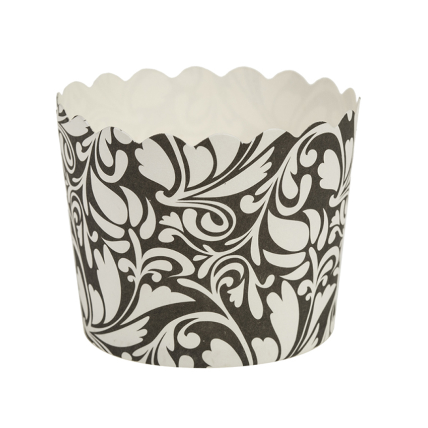 Small Scalloped Black Floral Print Baking Cups, 2" Dia. x 1.75" High, Pack of 20