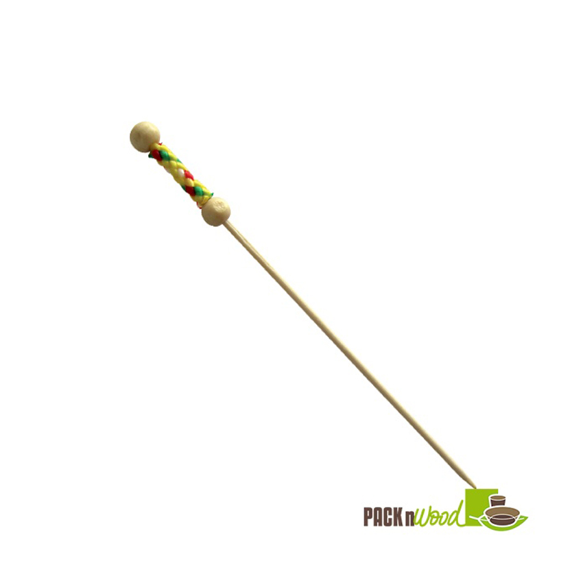 Packnwood "FUJI" Bamboo Pick with Natural Beads and Yellow Design  4.4" - Case Of 2000