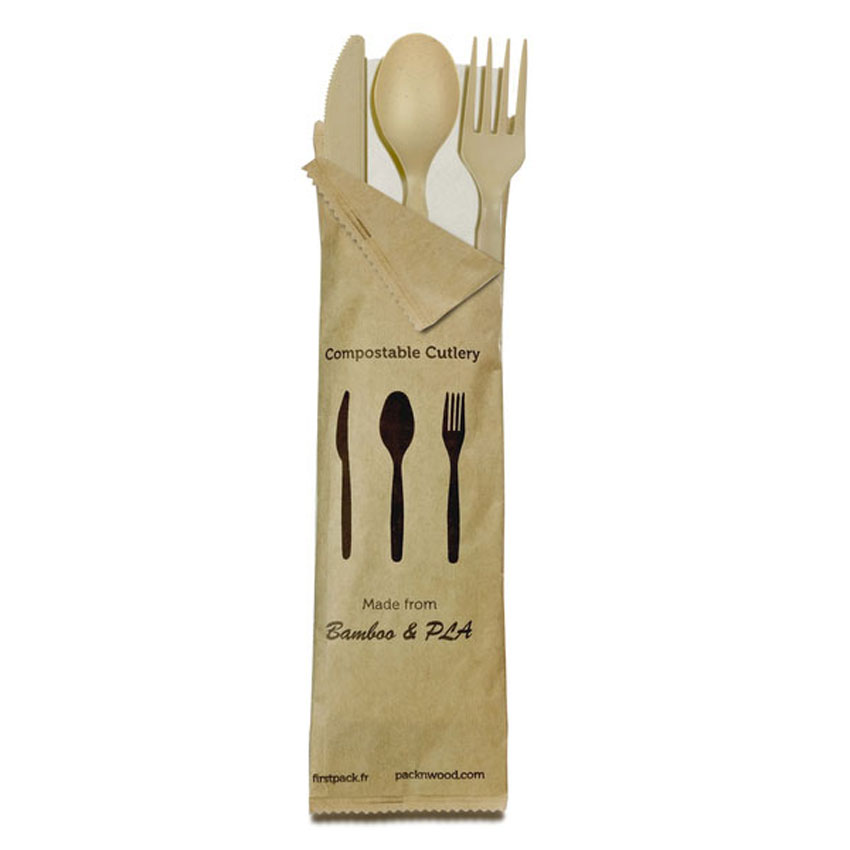 Packnwood Compostable & Heat Proof Bamboo Fiber 4 in 1 Cutlery Kit With Kraft Bag, 6", Case of 250