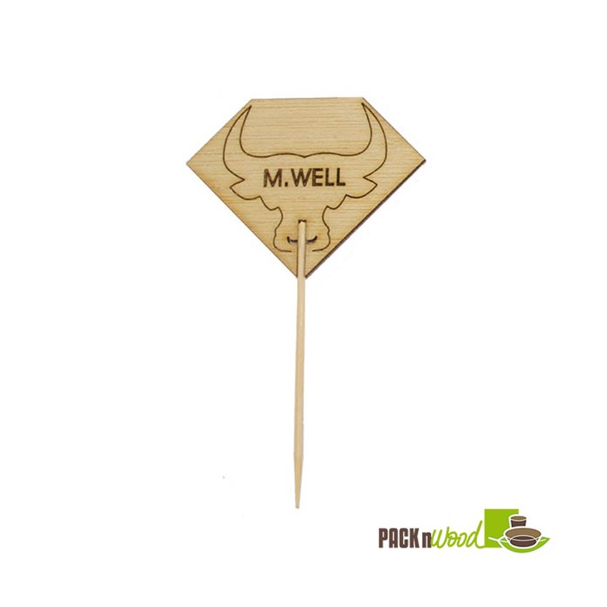 Packnwood Diamond Shaped Steak Markers with Bull Head, Medium Well, 3.7" x 2.1", Case of 1000