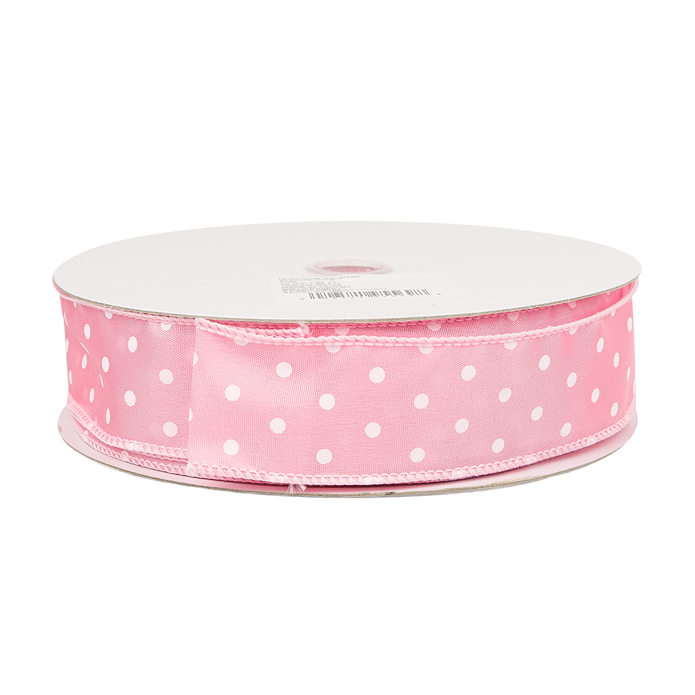 Pink with White Dots Wired Ribbon, 1-1/2" Wide, 50 Yards