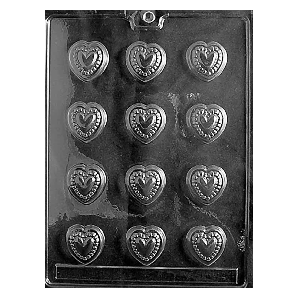 Plastic Chocolate Mold, Beaded Hearts, 12 Cavities