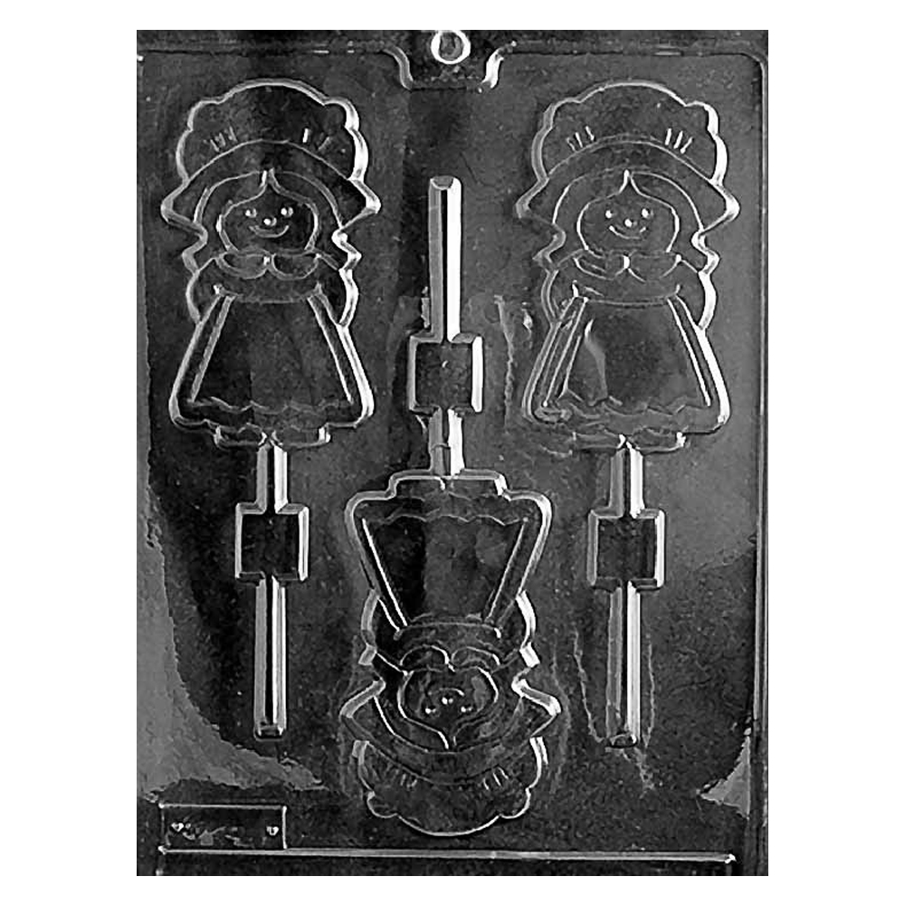 Plastic Chocolate Mold, Girl Pilgrim Lollipop, 3 Cavities