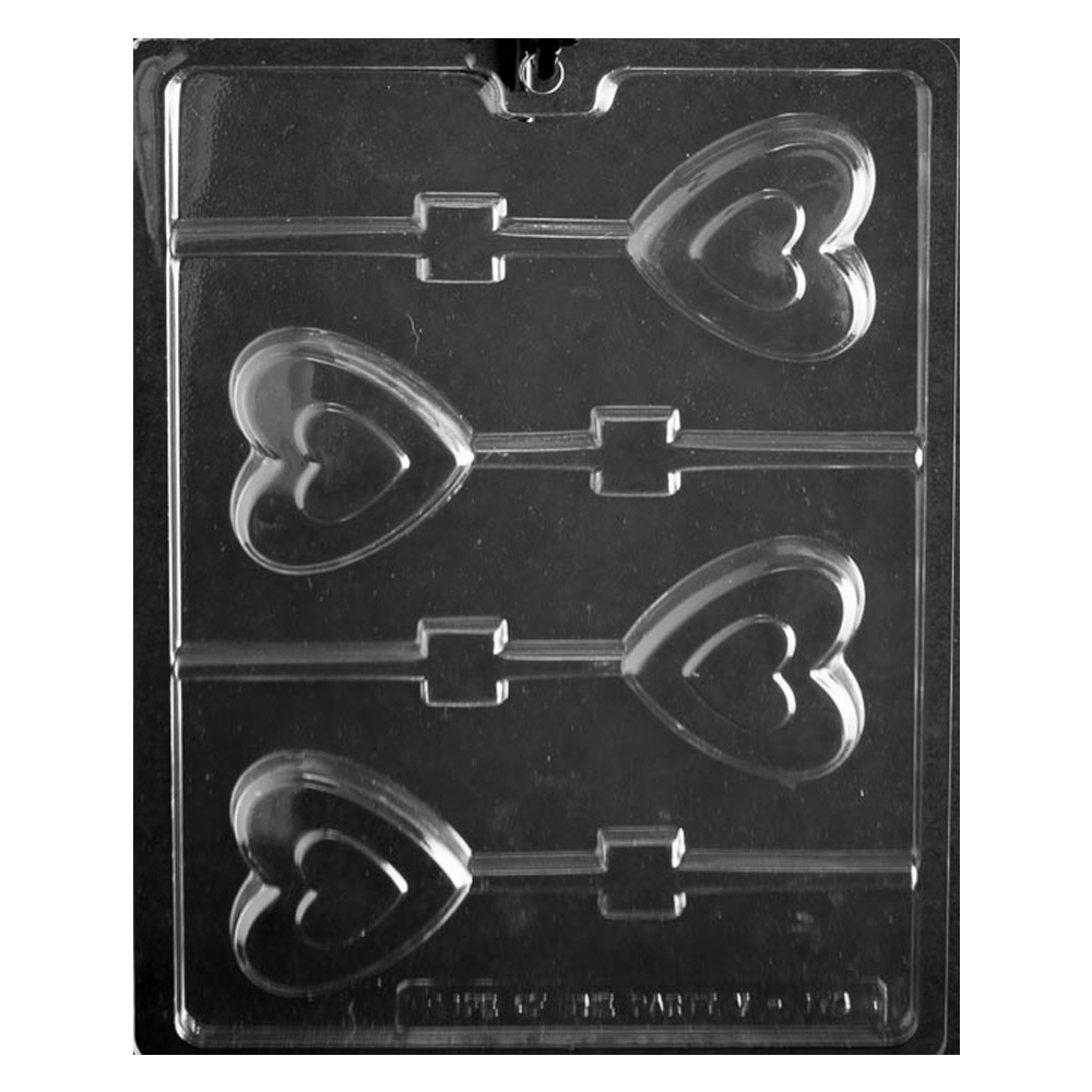 Plastic Chocolate Mold, Heart Lollipop, 4 Cavities