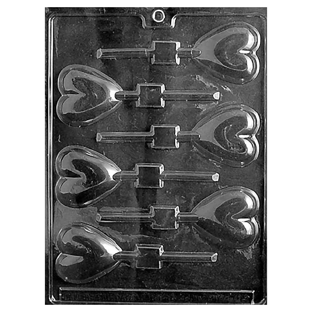 Plastic Chocolate Mold, Heart Lollipop, 6 Cavities