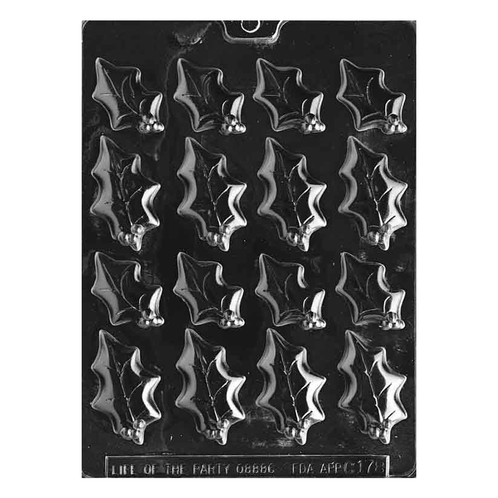 Plastic Chocolate Mold, Holly Leaves, 16 Cavities