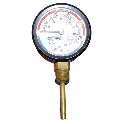 Pressure / Temperature Gauge; 0 - 200 PSI; 50 - 290 Degrees Fahrenheit; 1/2" MPT Bottom Mount