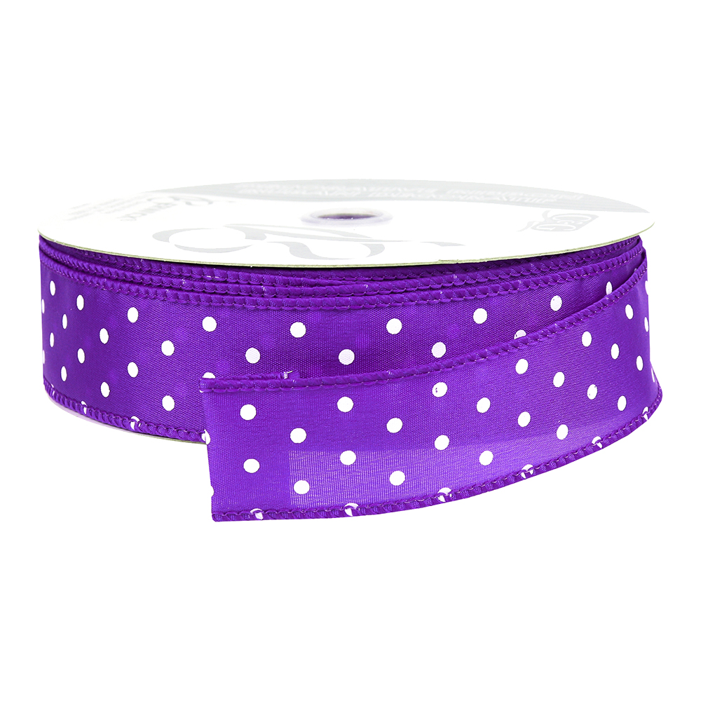 Purple with White Dots Wired Ribbon, 1-1/2" Wide, 50 Yards