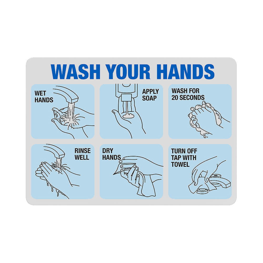 Reflective Blue & White Hand Washing Sign, 10" x 7"