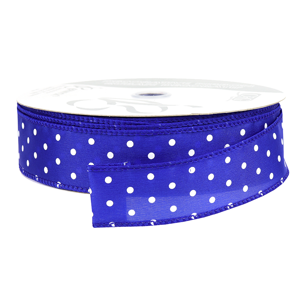 Royal Blue with White Dots Wired Ribbon, 1-1/2" Wide, 50 Yards
