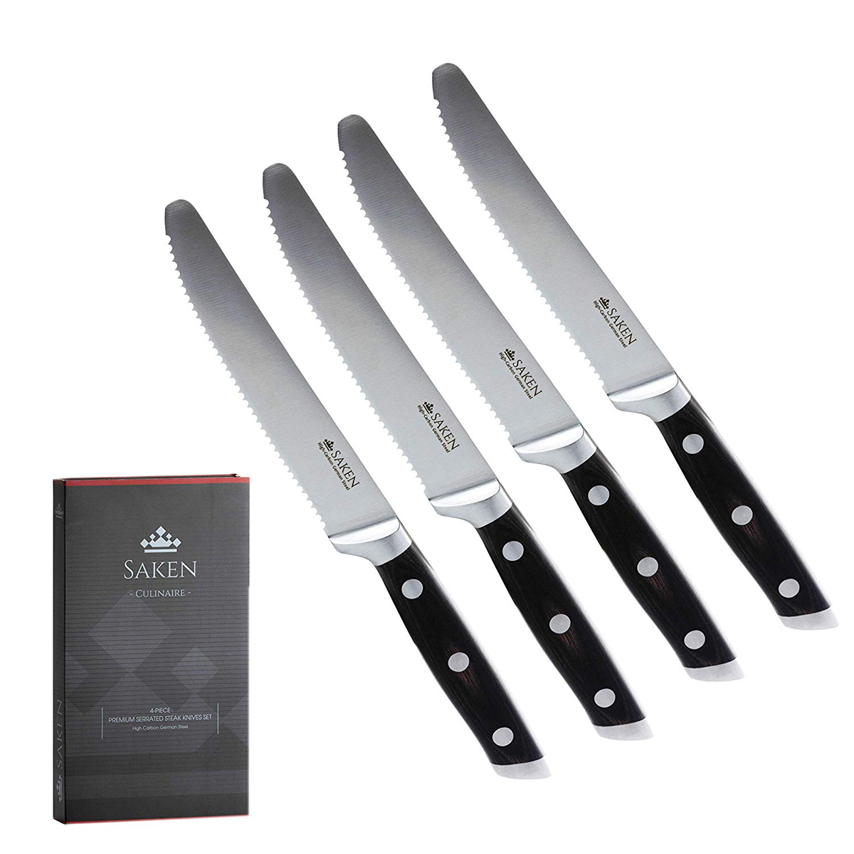 Saken Set of 4 Serrated Steak Knives, German Ultra Sharp High Carbon