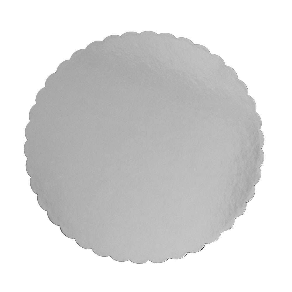 Silver Scalloped Round Cake Board, 10" x 3/32" Thick - Pack of 25