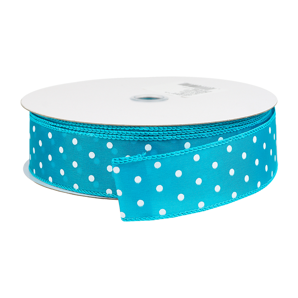 Turquoise with White Dots Wired Ribbon, 1-1/2