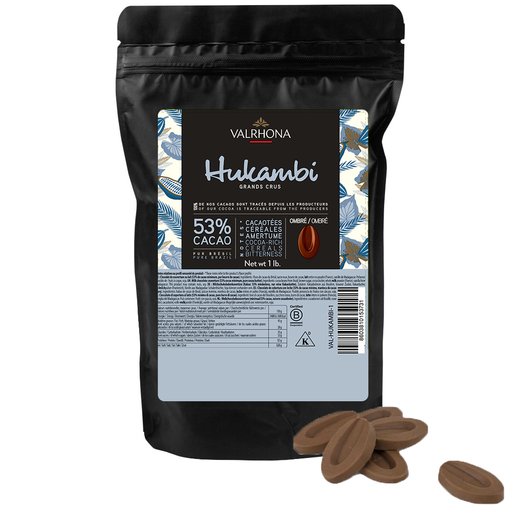 Valrhona Dark-Milk Hukambi 53% Feves, 1 Lb.