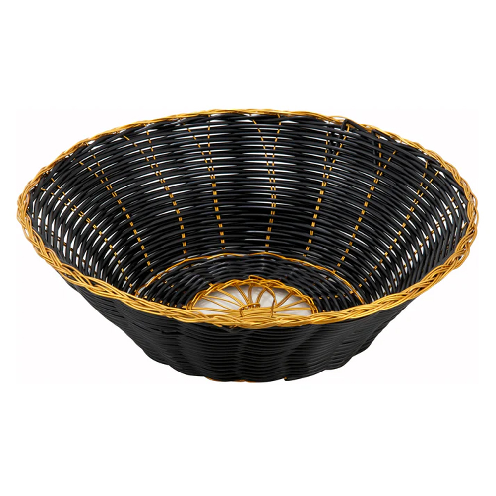 Winco Bread Basket Round Black Vinyl Cord W/ Gold Trim - 8" x 2" Deep