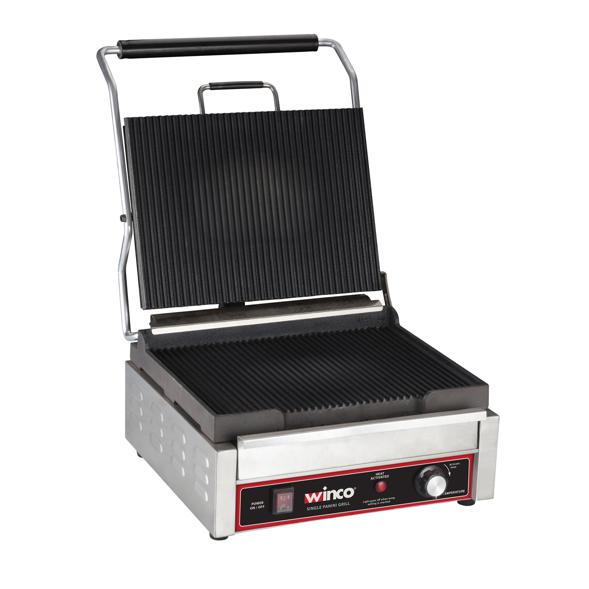 Winco EPG-1C Italian Style 14" x 12" Ribbed Plate Electric Countertop Single Sandwich / Panini Grill