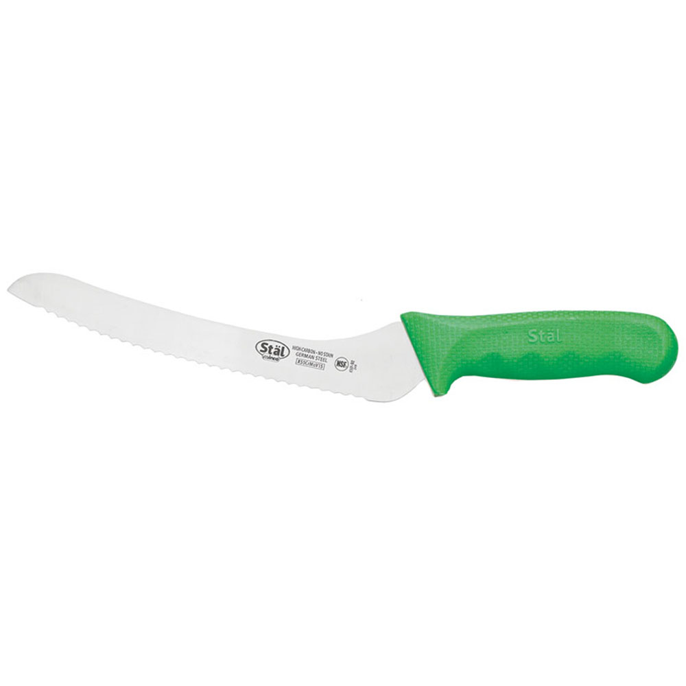 Winco Stal 9" Green Offset Bread Knife 