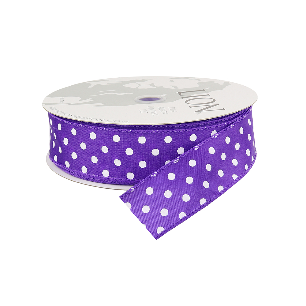 Wired Edge Bright Purple with White Dots Satin Ribbon, 1-1/2