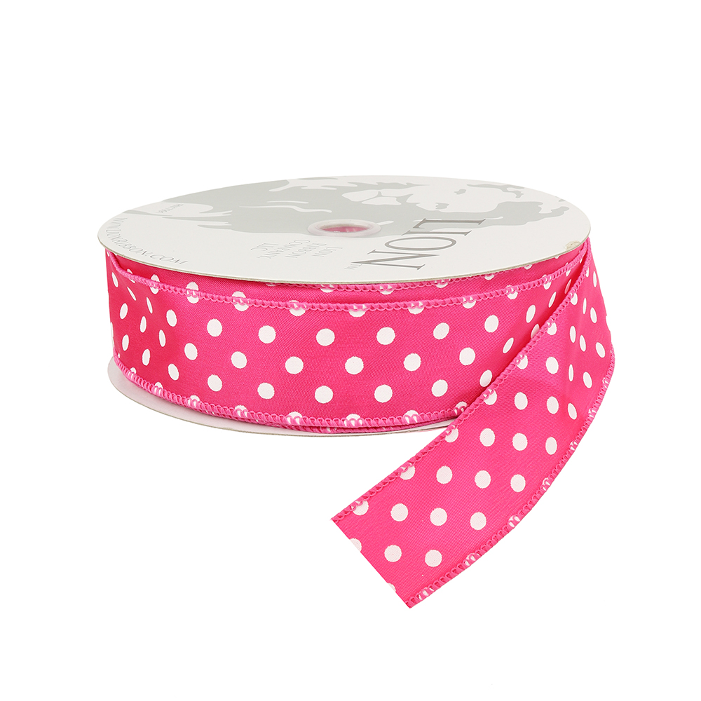 Wired Edge Hot Pink with White Dots Satin Ribbon, 1-1/2
