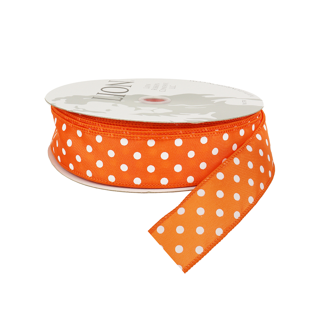 Wired Edge Orange with White Dots Satin Ribbon, 1-1/2
