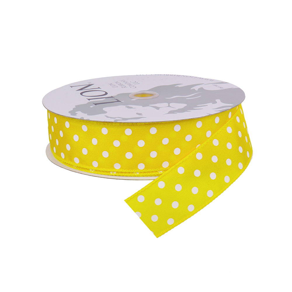 Wired Edge Yellow with White Dots Satin Ribbon, 1-1/2