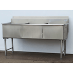 Custom Stainless 3 Compartment Sink, 70" Wide, 22" X 22" X 16"D Per Comp.